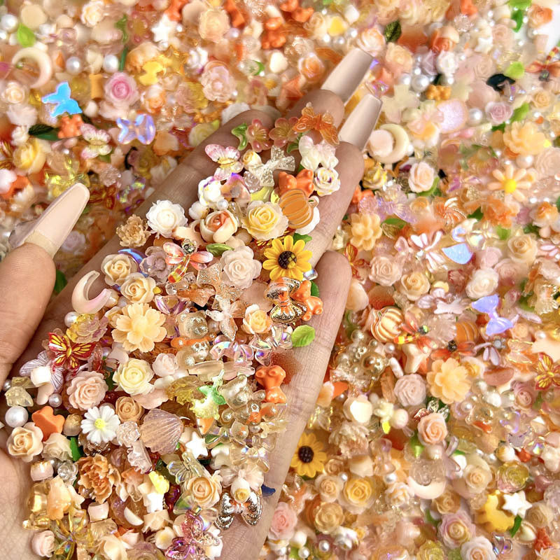50pcs Mixed Style Nail Art Accessories, Rose Flower Charms, Small Floral Buds, Pearls, Bowknots, Leaves Embellishments For Nail Decoration